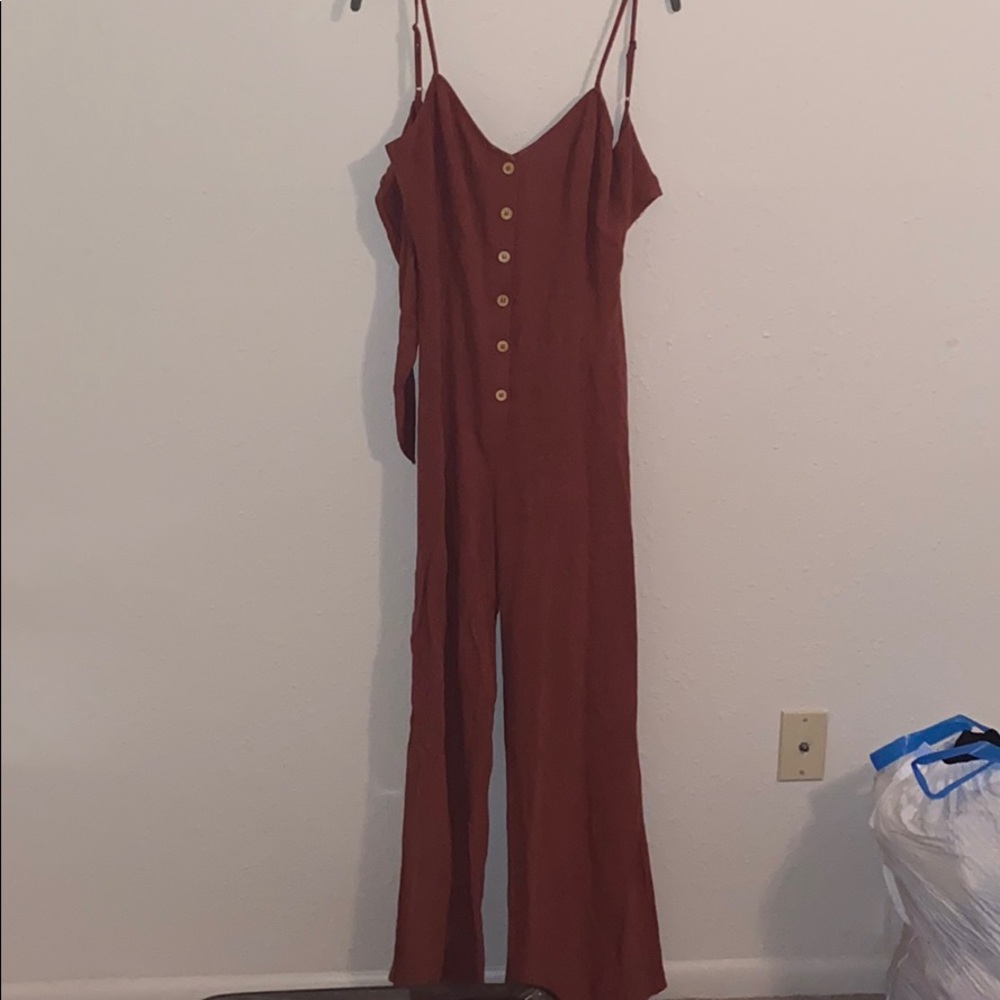 Tie back rust colored linen jumpsuit size S